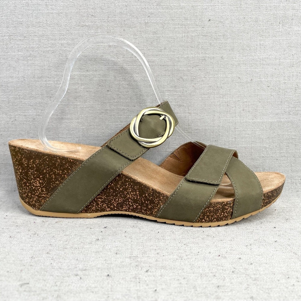 Dansko Olive Green Cork Wedge Sandals with Gold Buckle